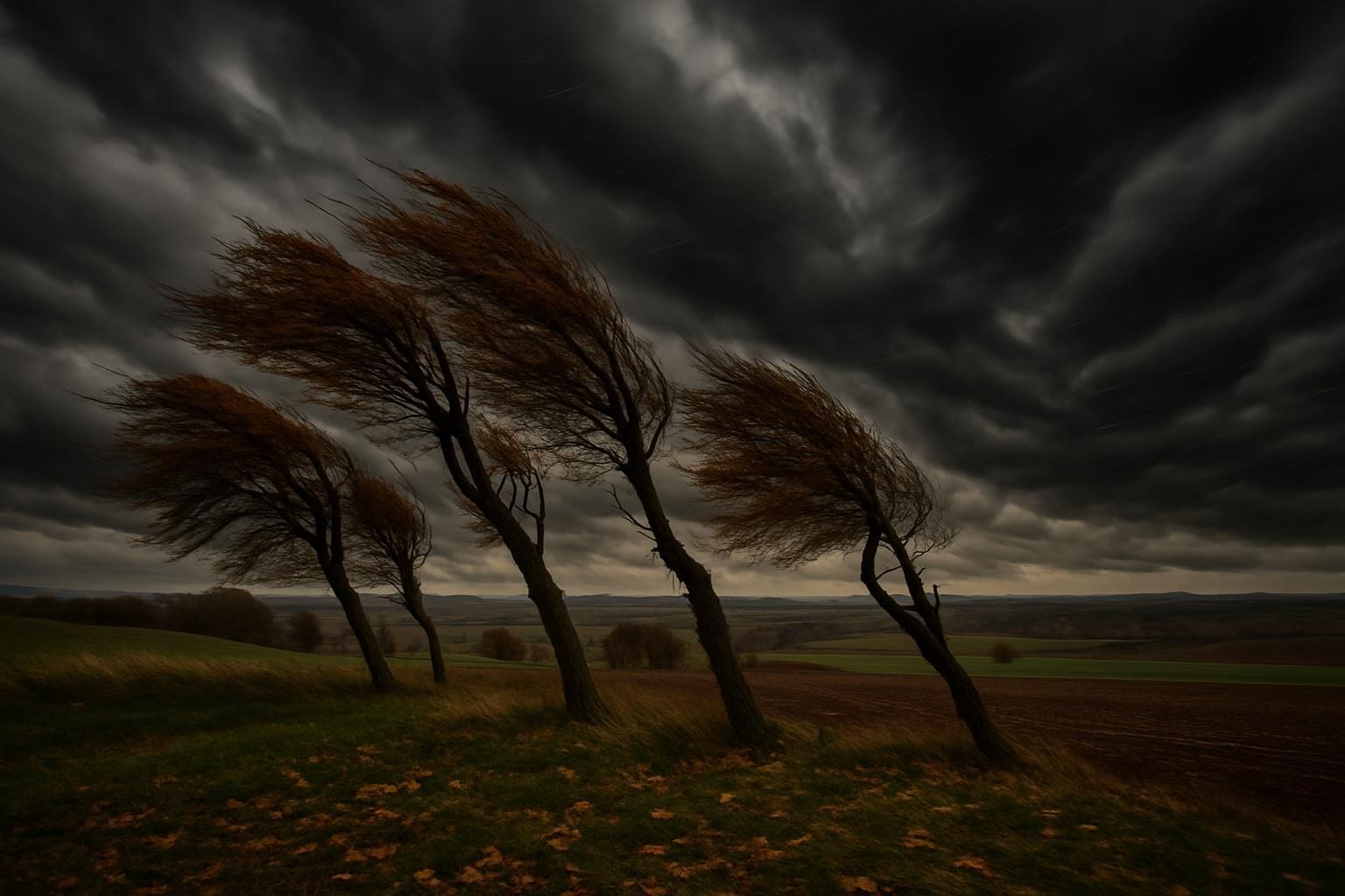 Donkere stormlucht met windvlagen boven een Europees landschap