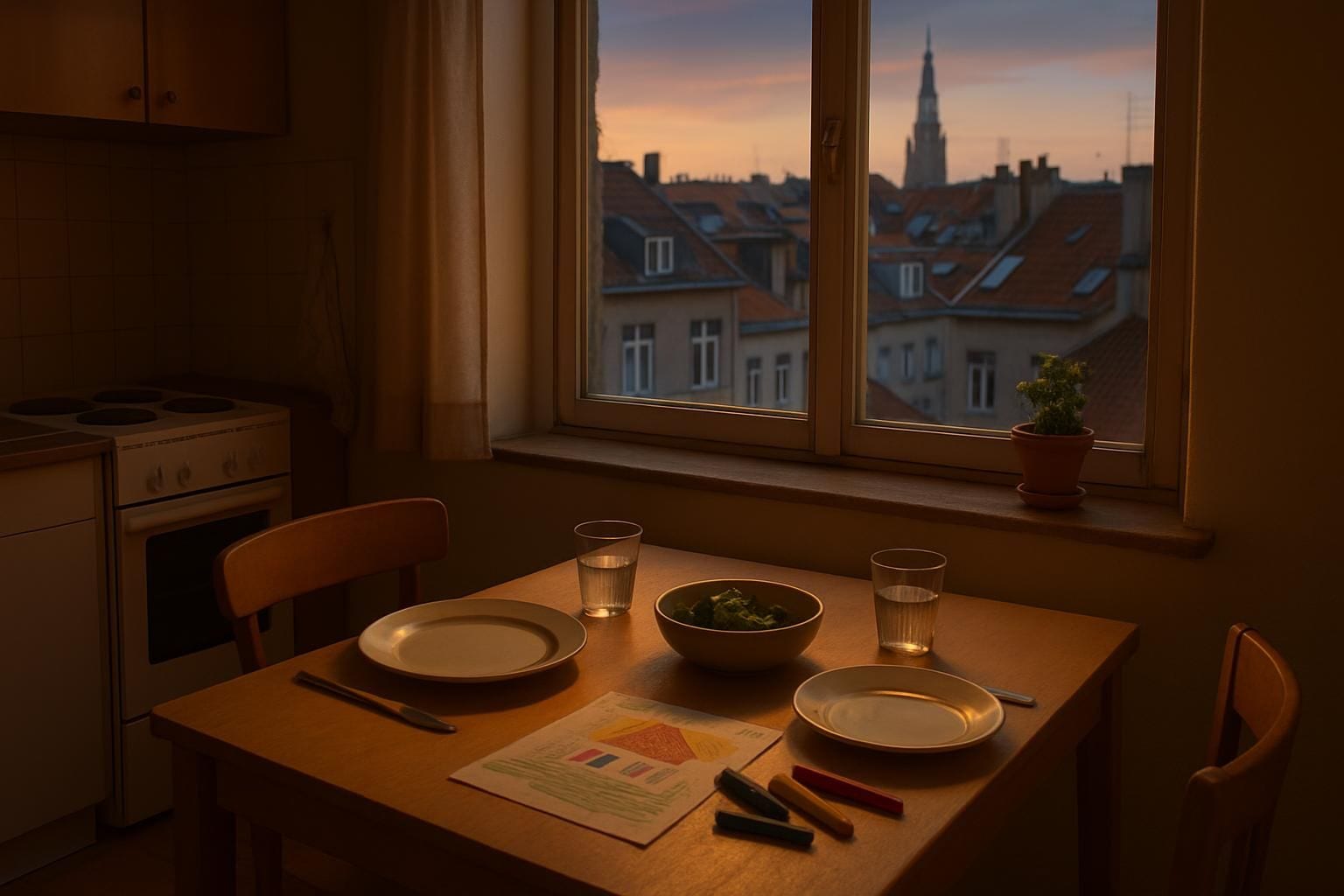 Een eenvoudige keukentafel gedekt voor een ouder en een kind in een Brussels appartement