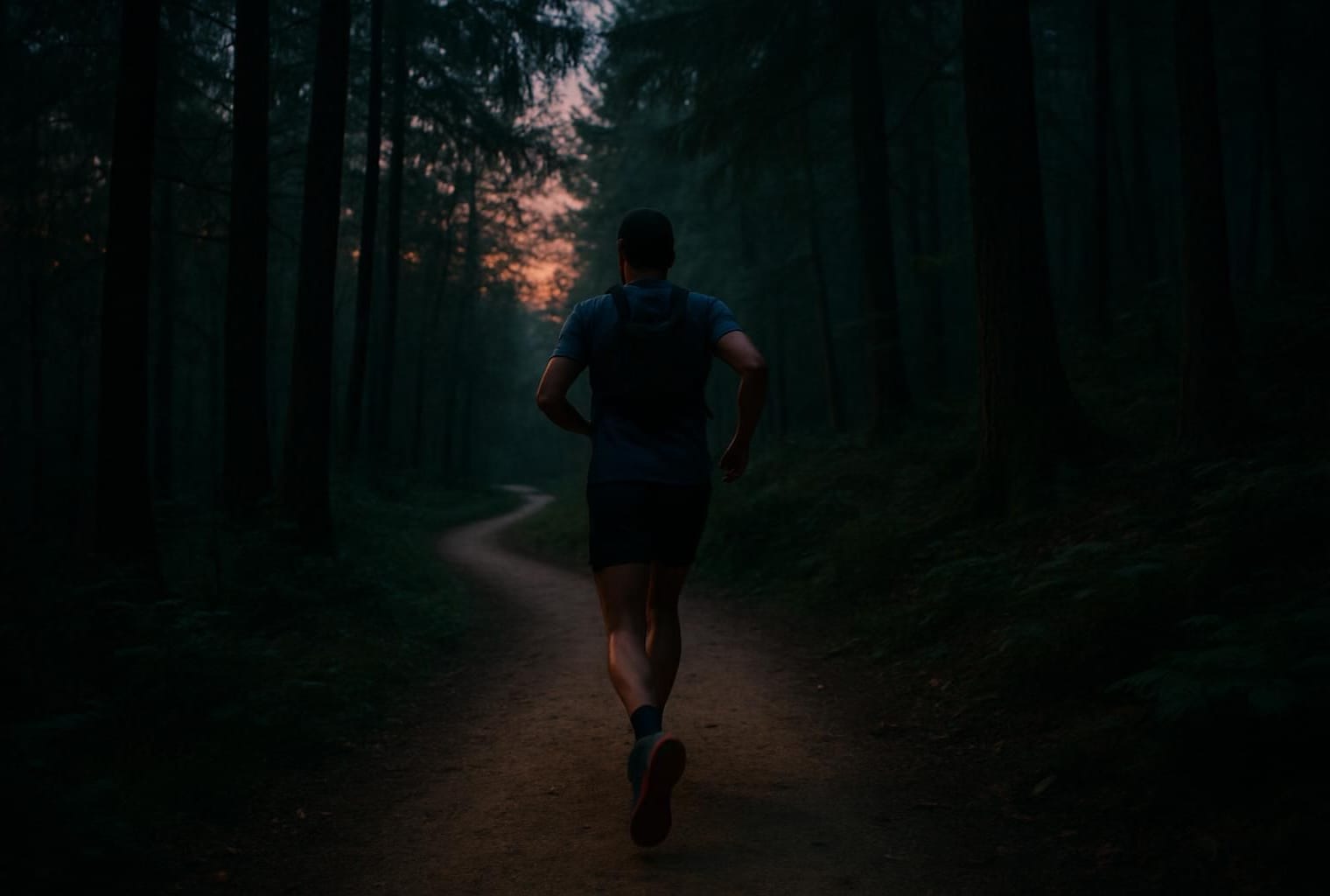 Een ultraloper op een bosparcours in de schemering tijdens een meerdaagse backyard ultra-wedstrijd