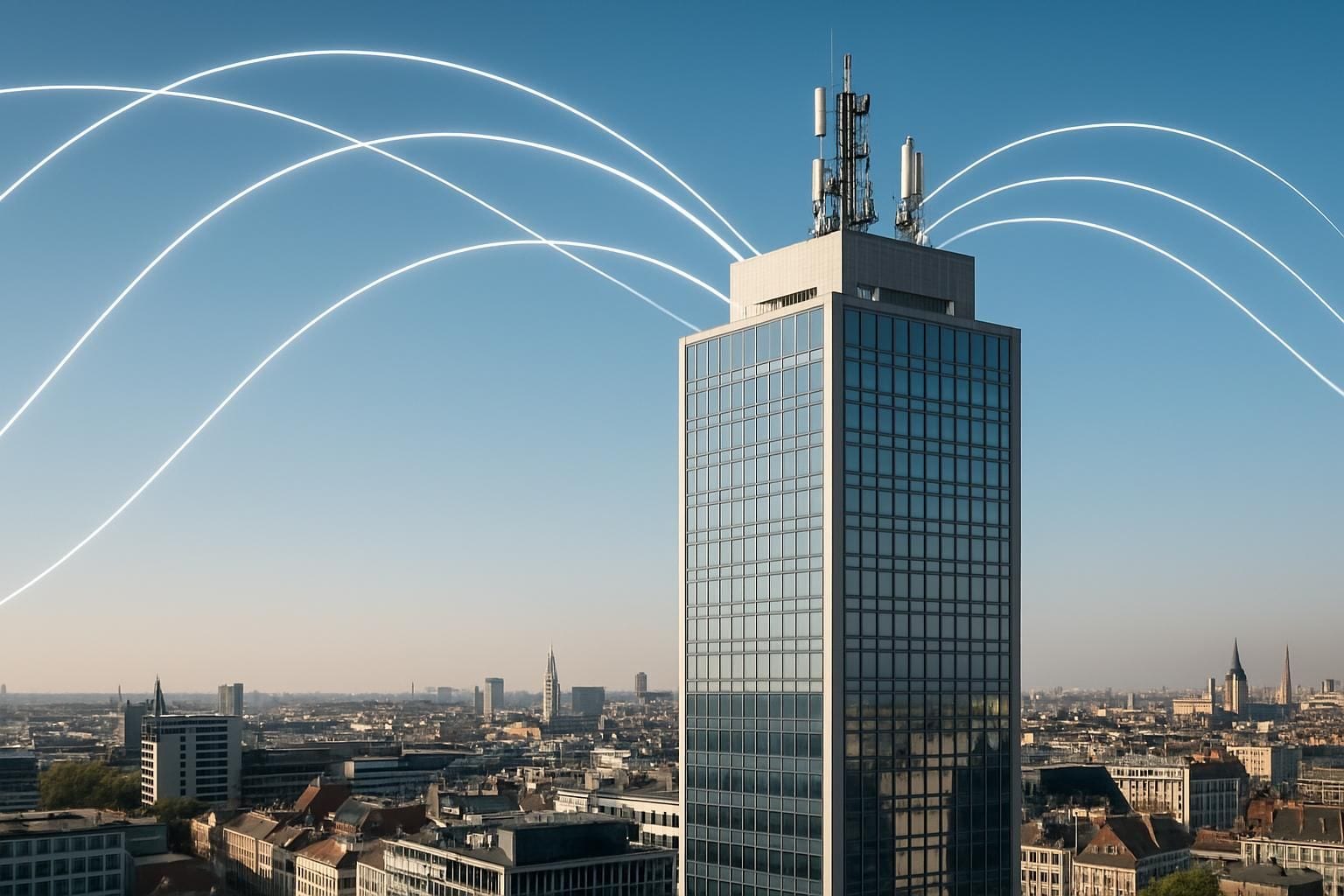 Telecomtoren met glasvezelnetwerk boven een Belgische skyline
