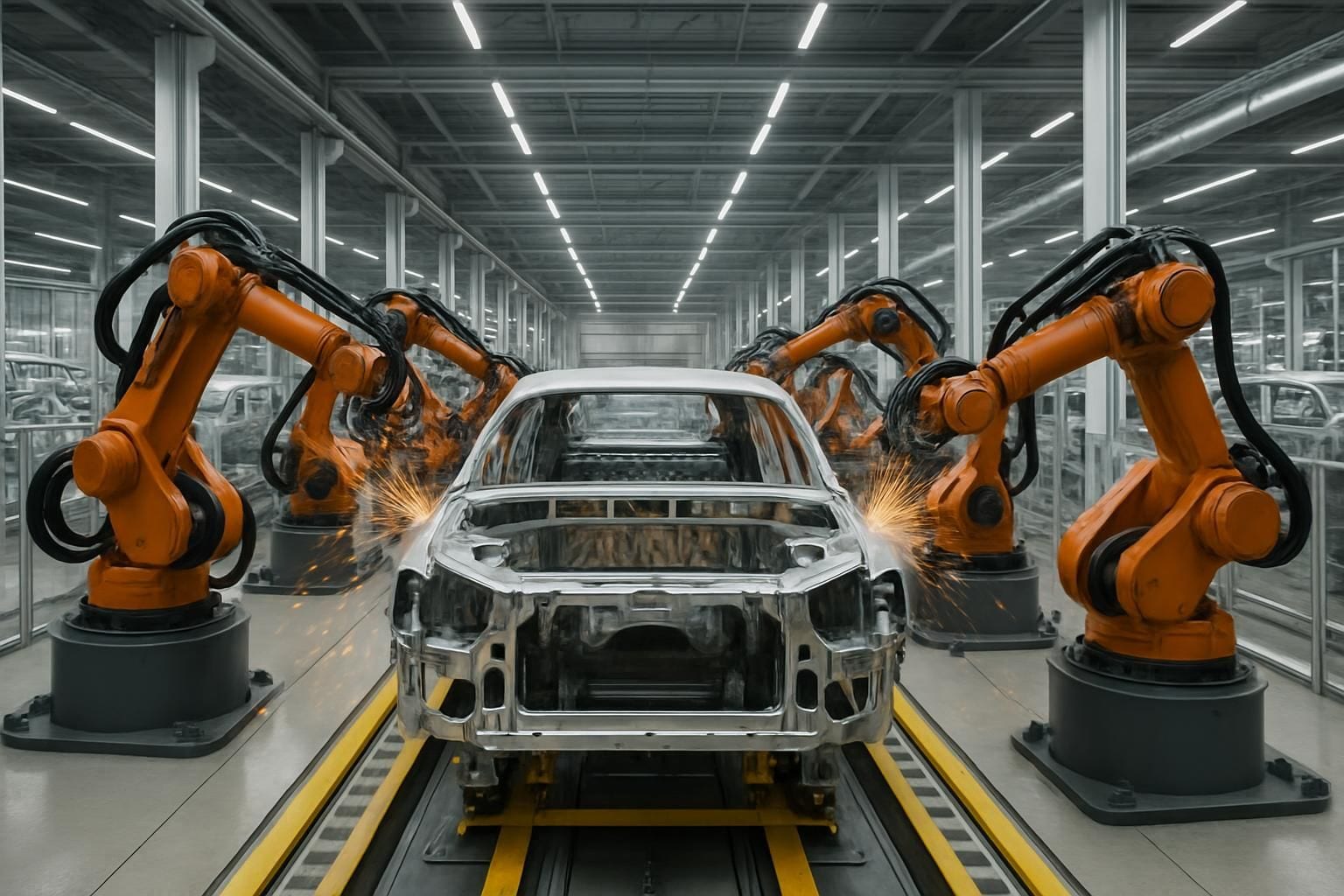 Een moderne autofabriek met robotarmen aan een assemblagelijn